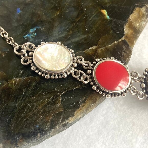 Sterling Silver 925 Chunky Mother Of Pearl Pink Red Rolo Chain Panel Necklace - Picture 5 of 16